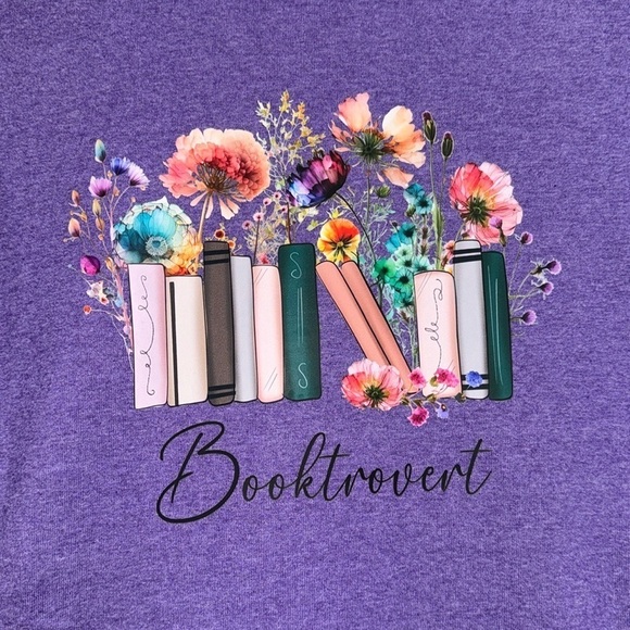 Booktrovert shirt purple short sleeve cotton bookworm floral print - Picture 1 of 4